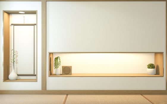 Nihon room design interior with door paper and cabinet shelf wall on tatami mat floor room japanese style. 3D rendering