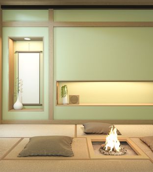 Nihon green room design interior with door paper and cabinet shelf wall on tatami mat floor room japanese style. 3D rendering