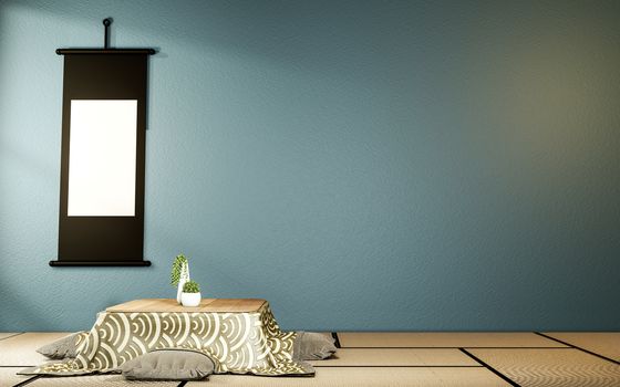 kotatsu low table and pillow ontatami mat, dark blue room japan and frame mock up.3D rednering