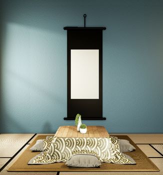 kotatsu low table and pillow ontatami mat, dark blue room japan and frame mock up.3D rednering