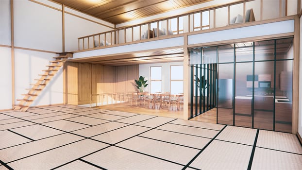 Japanese-style interior of the first floor in a two-story house. 3D rendering