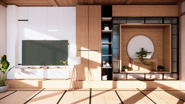 Shelf wall design zen interior of living room japanese style.3d rendering