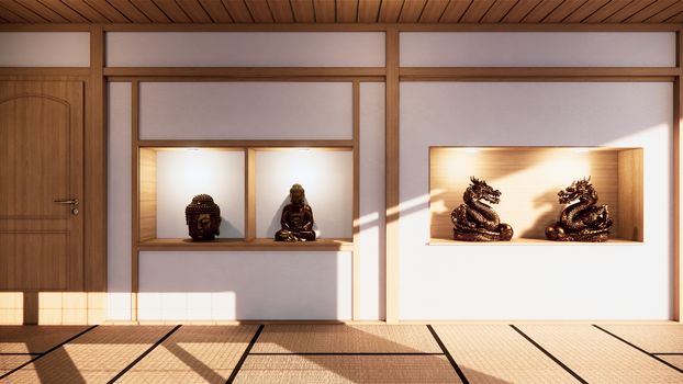 Shelf wall design zen interior of living room japanese style.3d rendering