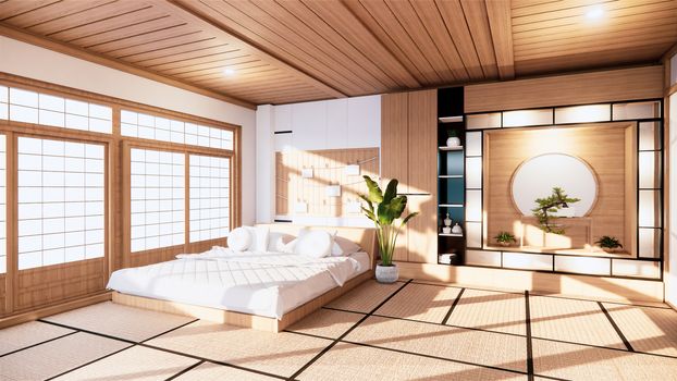 Home interior wall mock up with wooden bed in bedroom minimal design. 3D rendering.
