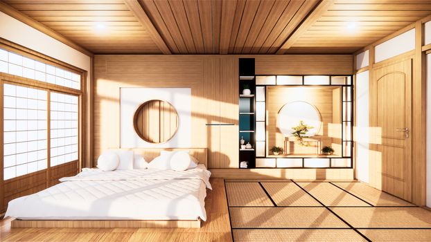 Home interior wall mock up with wooden bed in bedroom minimal design. 3D rendering.