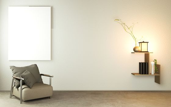 Living room japanese style with wooden table, lamps and armchair on floor concrete. 3d rendering