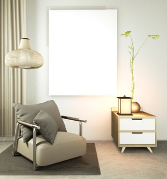 Living room japanese style with wooden table, lamps and armchair on floor concrete. 3d rendering