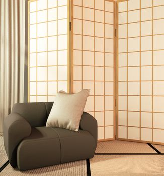 Japanese partition paper wooden design on living room tatami floor.3D rendering