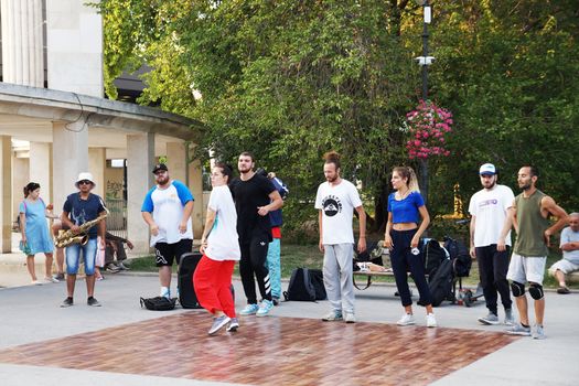 Varna, Bulgaria - July, 19, 2020: young street dancers and musicians show performance