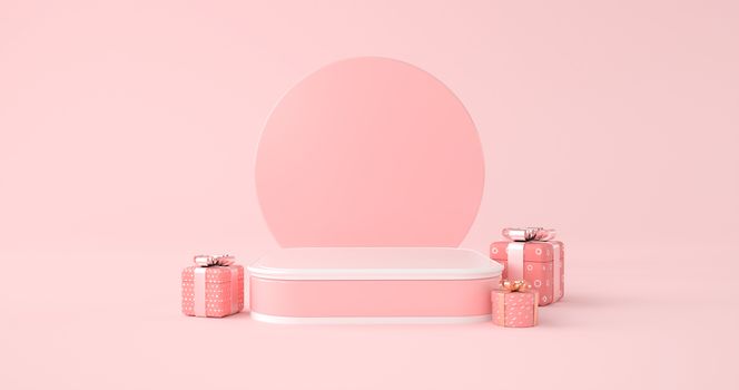 3d rendering of podium and gift box on pink backdrop.
