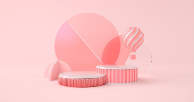 3d rendering of podium and balloon on pink backdrop.
