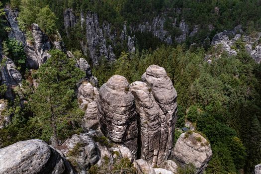 Scenic view of the Bastei rock formation, known as Saxon Switzerland near Dresden, Saxony, Germany
