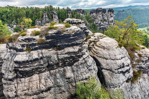 Scenic view of the Bastei rock formation, known as Saxon Switzerland near Dresden, Saxony, Germany