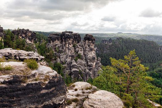 Scenic view of the Bastei rock formation, known as Saxon Switzerland near Dresden, Saxony, Germany