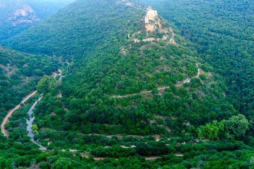 View of the Montfort Fortress, crusader castle in Northern Israel, and nearby landscape