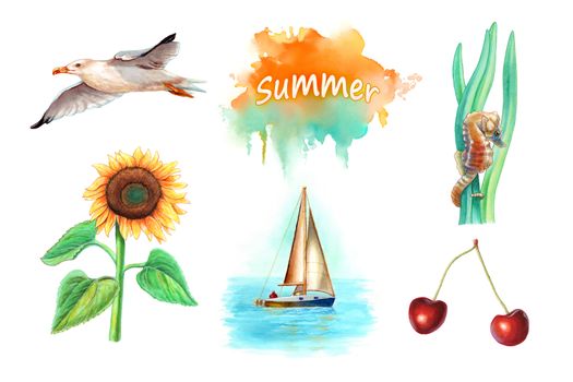 Collection of five summer themed watercolor illustrations, including a seagull, sunflower, seahorse, sail boat and some cherries. Traditional watercolor on paper.