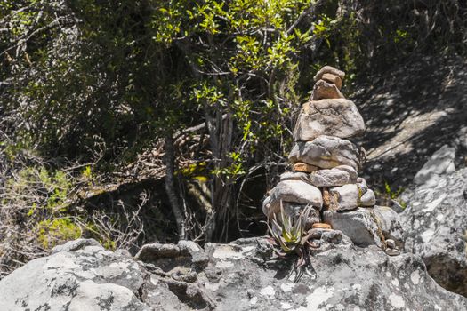 Stacked stones as a guide for hikers in Table Mountain National Park in Cape Town, South Africa.