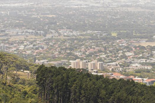 View from Table Mountain in Cape Town to the Claremont area and mountains in South Africa.