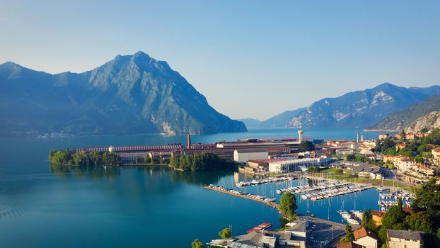 Aerial view of Lake Iseo , on the right the port of lovere,background mountains(alps), Bergamo Italy.