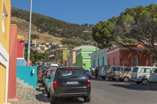 Many colorful houses in the Bo Kaap district in Cape Town, South Africa.