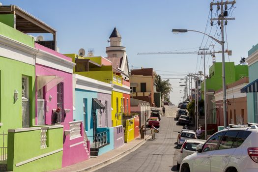 Many colorful houses in the Bo Kaap district in Cape Town, South Africa.