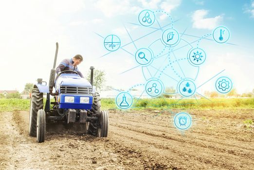 Futuristic innovative technology pictogram and a farmer on a tractor. Science of agronomy. Technology Improvement in quality and yield growth. Farming and agriculture startups. Improving efficiency