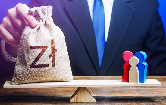 Man puts polish zloty money bag on scales with family figures. Social assistance benefits, financial support. Charitable donations. Investments in human capital, culture and social projects.