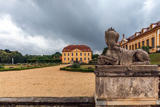 Friedrich Castle and Sphinx statue in the Grosssedlitz Baroque Garden in Heidenau, Saxony