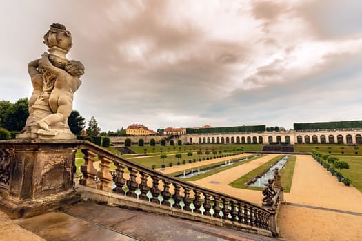 Friedrich Castle, orangery and statues in the Grosssedlitz Baroque Garden, near Dresden, Saxony, Germany