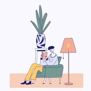 Young man reading book on chair at home. Cartoon flat outline style illustration