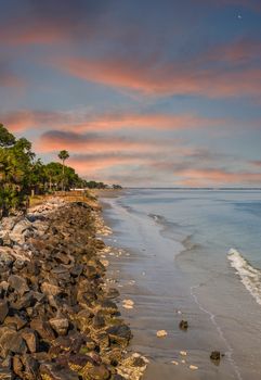 A rock seawall along a barrier island in Georgia