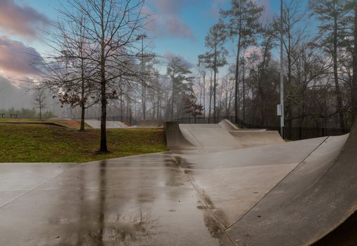A closed and empty Wet Skate Park after a rainstrorm