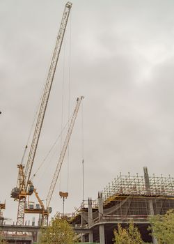 A construction crane and a building under construction made of concrete piles and iron, a construction site against a cloudy gray sky, vertical.