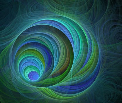 An abstract computer generated modern fractal design on dark background. Abstract fractal color texture. Digital art. Abstract Form & Colors. Fluffy spiral. Surface pattern