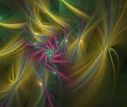 An abstract computer generated modern fractal design on dark background. Abstract fractal color texture. Digital art. Abstract Form & Colors. The rotation of the triangular star