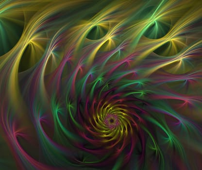 An abstract computer generated modern fractal design on dark background. Abstract fractal color texture. Digital art. Abstract Form & Colors. Fluffy spiral of stars with glowing rays