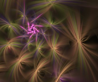 An abstract computer generated modern fractal design on dark background. Abstract fractal color texture. Digital art. Abstract Form & Colors. Fluffy spiral of stars with glowing rays