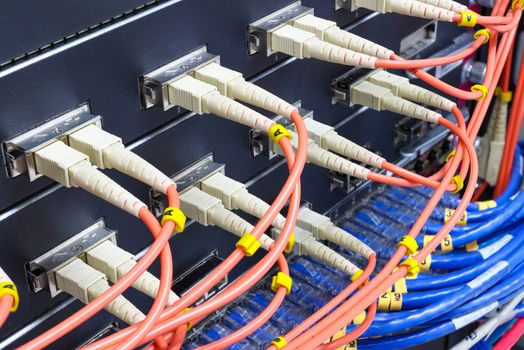 cable network, fiber optic cable connect to switch port in server room ,Concept network management

