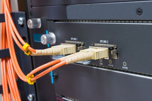 cable network, fiber optic cable connect to switch port in server room ,Concept network management
