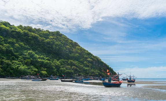 Khao Kalok rock or stone mountain on Khao Kalok beach in Thailand. Natural attractions in Thailand travel. The Khao Kalok rock mountain and 
green tree background