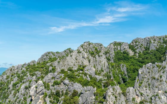 Rock or stone mountain or hill and green tree and blue sky. Khao Dang view point at Prachuap Khiri Khan Thailand. Landscape or scenery summer concept for design