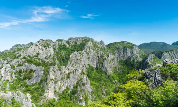 Rock or stone mountain or hill and green tree and blue sky. Khao Dang view point at Prachuap Khiri Khan Thailand. Landscape or scenery summer concept for design