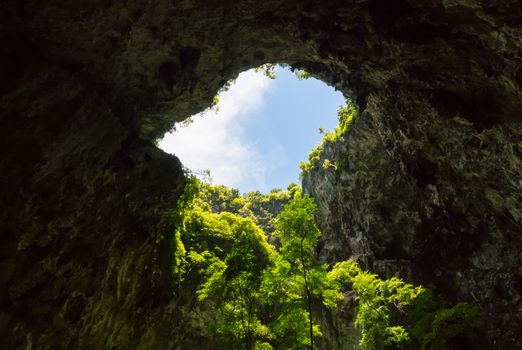 Sun light hole in Phraya Nakhon Cave with green tree and blue sky and cloud at Prachuap Khiri Khan Thailand. Natural cave in unseen Thailand