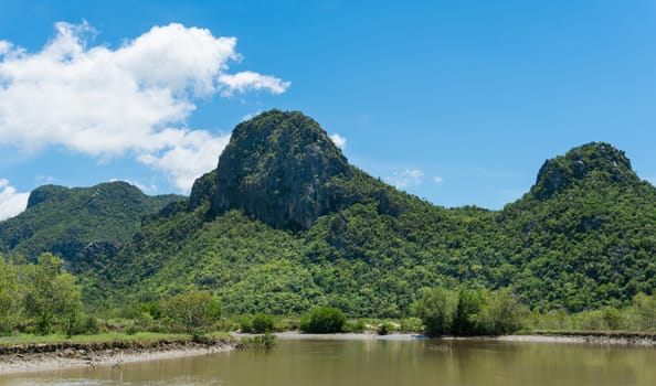 Khao Dang stone or rock mountain or hill at Prachuap Khiri Khan Thailand. Natural landscape or scenery in summer concept