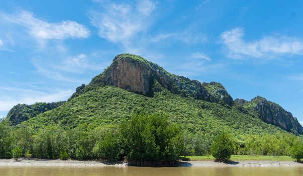 Khao Dang stone or rock mountain or hill at Prachuap Khiri Khan Thailand. Natural landscape or scenery in summer concept