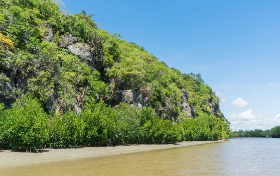 Stone or rock mountain or hill with green tree and blue sky and water and cloud at Khao Dang canal Prachuap Khiri Khan Thailand. Landscape or scenery summer concept for boat trip