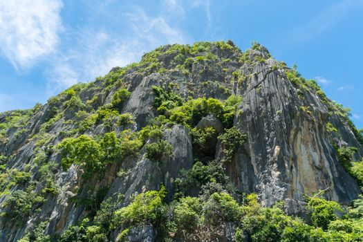 Stone or rock mountain or hill with green tree and blue sky and water and cloud at Khao Dang canal Prachuap Khiri Khan Thailand. Landscape or scenery summer concept for boat trip