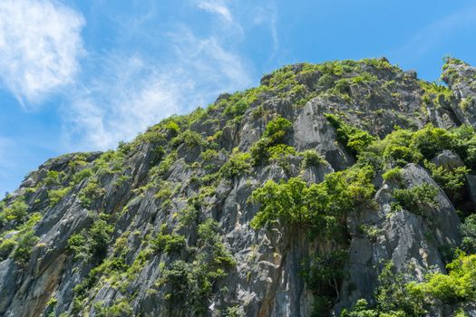 Stone or rock mountain or hill with green tree and blue sky and water and cloud at Khao Dang canal Prachuap Khiri Khan Thailand. Landscape or scenery summer concept for boat trip