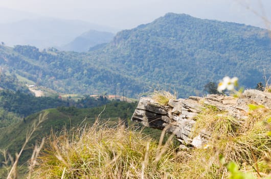 Stone or Rock Landscape on Phu Chi Fa Forest Park View Point with Mountain and Sky Low Angle. Landscape Phu Chi Fa Forest Park view point Chiang Rai northern Thailand travel