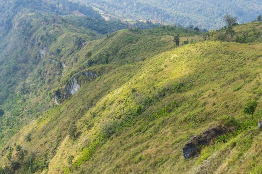 Green Landscape Mountain with Meadow Sky and Cloud at Phu Chi Fa Forest Park Thailand Wide Zoom. Landscape Phu Chi Fa Forest Park view point Chiang Rai northern Thailand travel